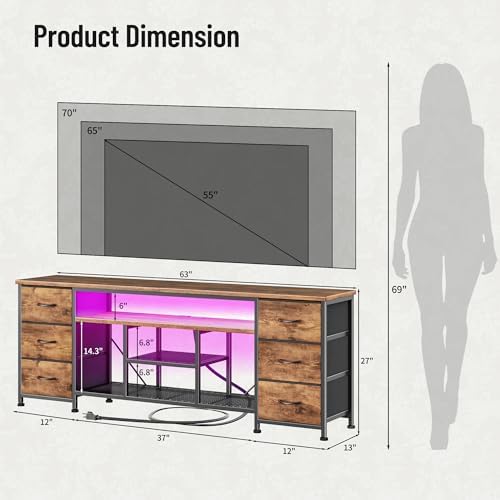 Furologee 63 Inch LED TV Stand, Entertainment Center, Rustic Brown - Image 3