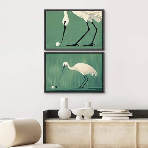SIGNWIN Framed Canvas Print Wall Art Set Funny Crane Playing Golf Whimsical Bird Illustrations Modern Art Rustic Minimal for Living Room, Bedroom, Office - 16"" x24 x2 Black - Image 3