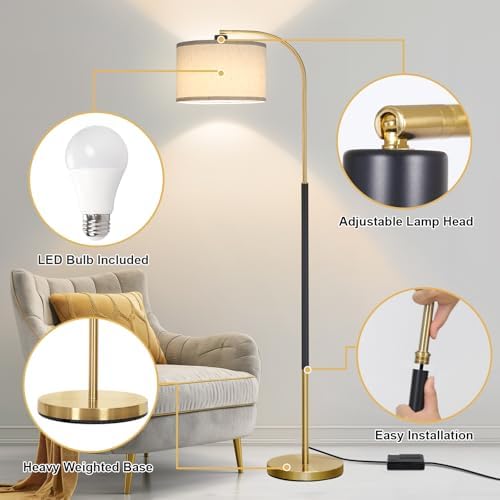 Dimmable Floor Lamp for Living Room, Arc Floor Lamps with Adjustable Drum Shade Pedal Switch, Black and Gold Tall Standing Lamp with 9W LED Bulb, Modern Reading Light Pole Lamp for Bedroom, Office - Image 4