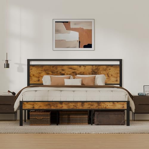 King Metal Bed Frame with Wooden Headboard and Footboard, Heavy Duty Platform Frame with Metal Slats, No Box Spring Needed, Quiet and Non-Slip Design, Space Saving Bed Frame for Bedroom, Vintage Brown by Z-HOM