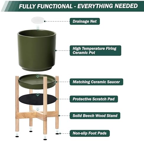 D'vine Dev Ceramic Pot with Natural Wood Stand, Olive, 8 in, 55-B-N-J - Image 5