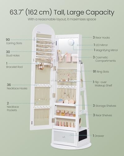 SONGMICS 360° Swivel Jewelry Cabinet, Full-Length Arched Mirror - Image 5