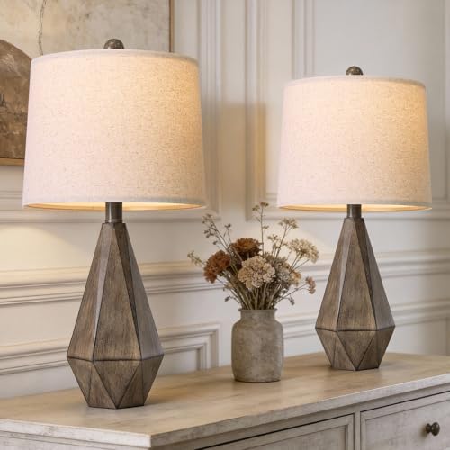 PoKat 23.5'' Table Lamps Set of 2 for Bedroom, Farmhouse Nightstand Lamps for Living Room, Rustic Bedside Lamps with Linen Lampshade for Side Table Office Hallway Entryway Dark Wood-Like (Brown) - Image 4