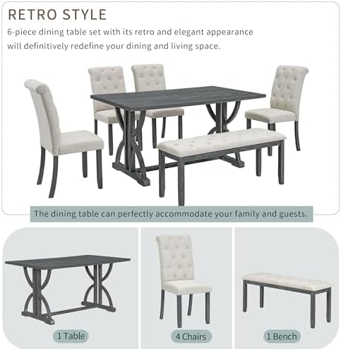 Merax 6-Piece Rustic Farmhouse Kitchen Dining Table Set, Modern 59.8'' Rectangular Dining Table with 4 Upholstered Chairs & 1 Bench for Kitchen Room, Gray Wash+Beige - Image 7