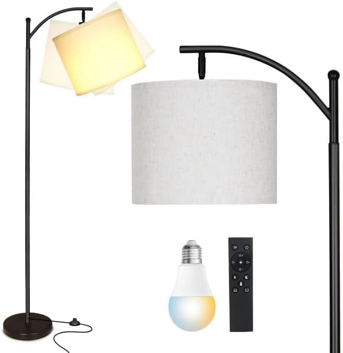 mukuxin LED Floor Lamps for Living Room, 12W 1200LM Modern Arc Floor Lamp with Remote & Adjustable Linen Lampshade, 12 Color Temperature Stepless Dimmable Tall Standing Lamp by Mukuxin