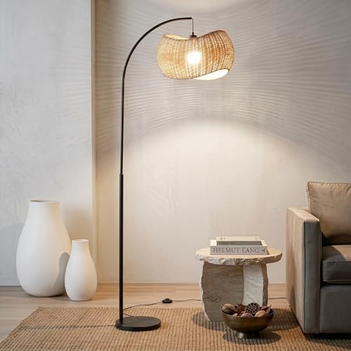 Brightech Wave Arc Floor Lamp - Chic Standing Lamp with Unique Hanging Wicker Pendant Shade for Living Room, Boho Rattan Natural Decor Lamp, Arcs Over Sofa, Bedroom & Office Desk for Reading - Black - Image 2