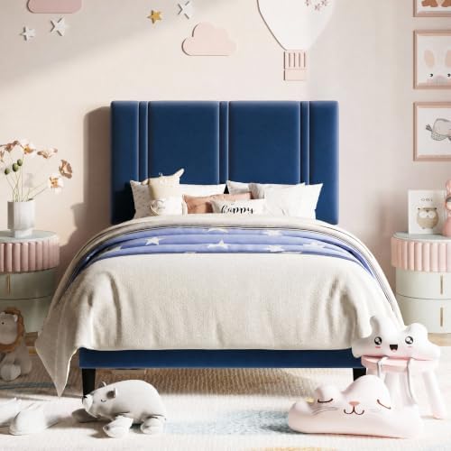 Allewie Twin Platform Bed Frame with Velvet Upholstered Headboard by Allewie