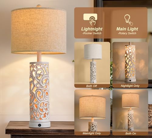 OYEARS 2-in-1 Light Table Lamp Set of 2 for Living Room, 28.5" Farmhouse Bedside Lamps with USB Charging Port, Main&Night Light & Dual Switches, Nightstand Lamp for Bedroom Home Office(Bulb Included) - Image 3