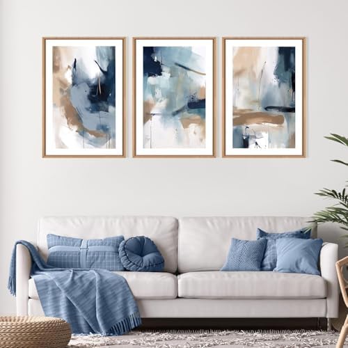 LHIUEM Large Abstract Navy Blue Framed Canvas Wall Art,Neutral Brush Stroke Wall Decor,Modern Pastel Brown Wall Painting,Minimalist Shapes Artwork for Living Room,Bedroom,Office- 24"x36"x3 - Image 2