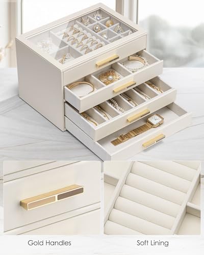 VLANDO 4 Layer Jewelry Box for Women, Glass Lid Jewelry Organizer with 4 Drawers for Necklaces Rings Earrings Bracelets - Cloud White - Image 5