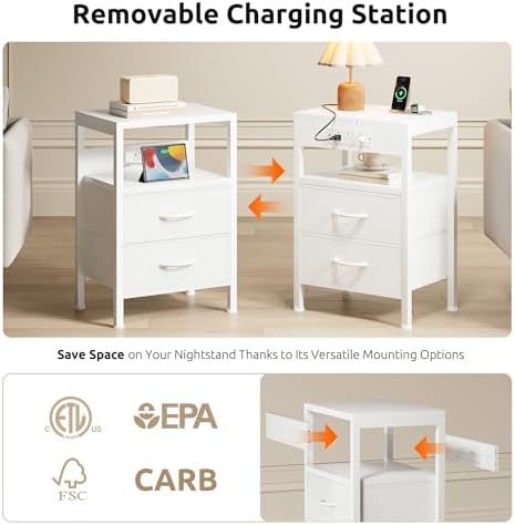 Lazzanto Night Stand with Charger Station for Bedroom, White Nightstand - Image 3