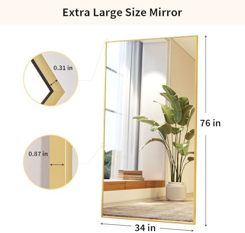 Easly Full Length Mirror with Stand 34"x76" Full Body Mirror Floor Mirror Standing Hanging or Leaning Wall, Wall Mirror with Stand Aluminum Alloy Frame for Living Room Bedroom Cloakroom,Gold - Image 6