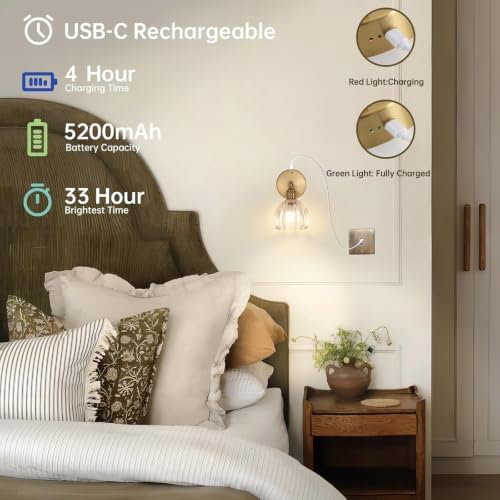 Shenmoyl Battery Operated Vintage Wall Sconces with Transparent Tulip Glass Lampshade Battery Powered Wall Lighting for Bedside Bedroom Doorway, Set of 2 - Image 2