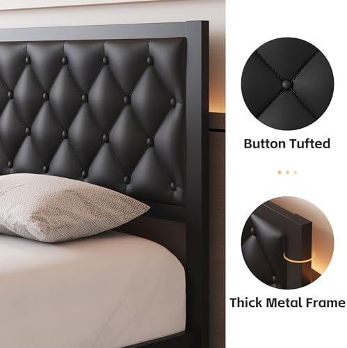 Fluest Queen Bed Frame with Headboard PU Leather Upholstered Bed Frame Platform,All Metal Slats Support Platform Bed Frame with Storage Space,Easy Assembly,Noise Free,No Box Spring Needed,Black - Image 4
