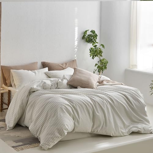 MooMee Striped Duvet Cover Set 100% Washed Cotton Linen Like Queen - Image 3
