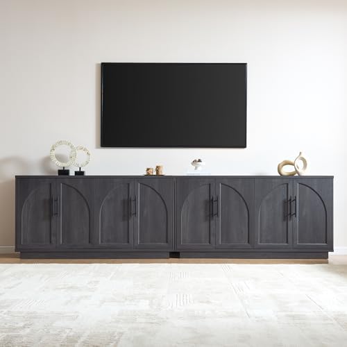 Fatmok 59" Sideboard Buffet Cabinet & TV Stand Set of 2, Modern Arched Credenza with Adjustable Shelves and Long Metal Handles, Wood Console Coffee Bar Storage for Living Room, Black Grey by Fatmok