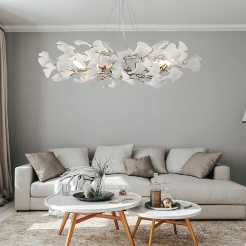 Branch Chandeliers, L31.5 inch Brass Ginkgo Leaf Chandeliers for Dining Room Bedroom White Modern Chandeliers Luxury Pendant Light Kitchen Island Hanging Lights Fixture, 5-Light by GREMLBUK