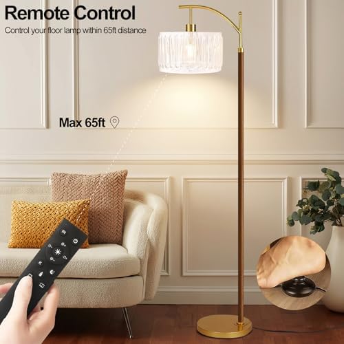 ILLMTW Arc Floor Lamp for Living Room,Bedroom,Glass Mid Century Modern Standing Lamp with Remote Dimmable,Wood Vintage Gold Tall Lamp White Lamp Shade Floor Lights Boho Bohemian Tiffany Style - Image 4