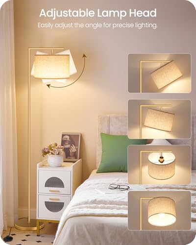 Modern Dimmable Floor Lamp for Living Room, Corner Tall Lamp with Fabric Shade, LED Bulb Included, Arched Reading Light with Remote Control and Foot Pedal, Beige and Gold DE11LD05 - Image 4