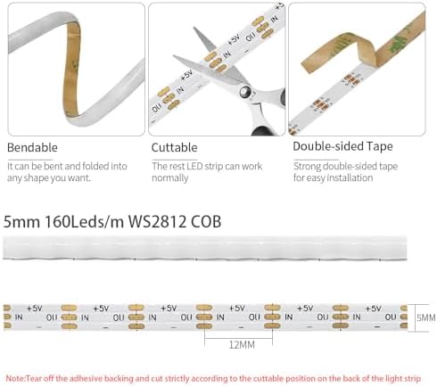 160LEDs/m 3.2FT WS2812B WS2812 LED Strip,5mm Width Individually Addressable Dream Color Flexible Smart Light Tape for Bedroom,Kitchen,Stage,TV Backlight,DC5V - Image 4