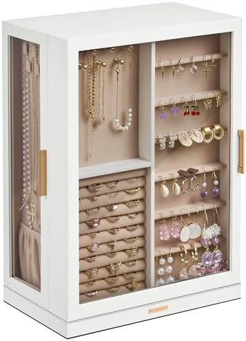 Glimmloop 360° Rotating Jewelry Box with 9 Drawers, Spacious Vertical Jewelry Organizer with Glass Window, Jewelry Storage Case, Dustproof & Moisture-resistant Design, White by Glimmloop