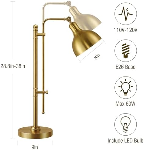 PARTPHONER Industrial Adjustable Desk Lamp for Home Office, Farmhouse Table lamp 29''-38'', Rustic Metal Task Desk Lamp in Brushed Gold Finish, Vintage Reading Lamp for Study Room，Gold - Image 2