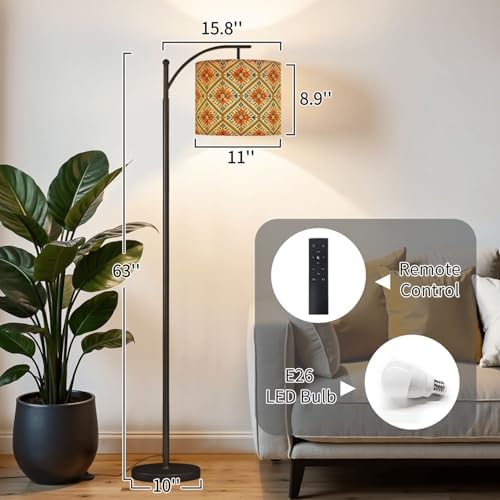 Arc Floor Lamp Geometric Floral Tile Bold Orange Teal Blue Colors Dimmable Modern Standing Lamp with Remote Adjustable Drum Shade Footswitch Tall Pole Lamp for Living Room Bedroom - Image 2