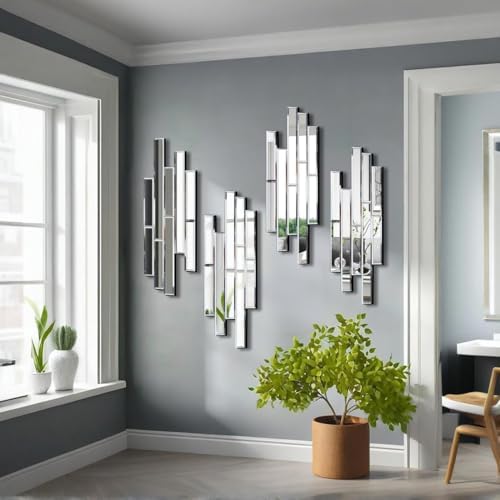 Artisan Set of 4 Silver Beveled Wall Decor Mirrors - 24x8 Inch Each, Creative Combination Design for Modern & Farmhouse Home Decor, Shatter-Resistant Glass with Wood Backing - Image 5