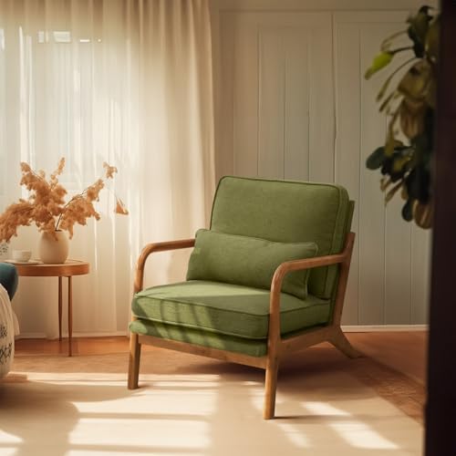 Bonnlo Dark Green Linen Mid Century Modern Accent Chair, Soild Wood Padding Lounge Armchairs Side Sitting Chairs for Living Room, Bedroom, Guest Room by Bonnlo