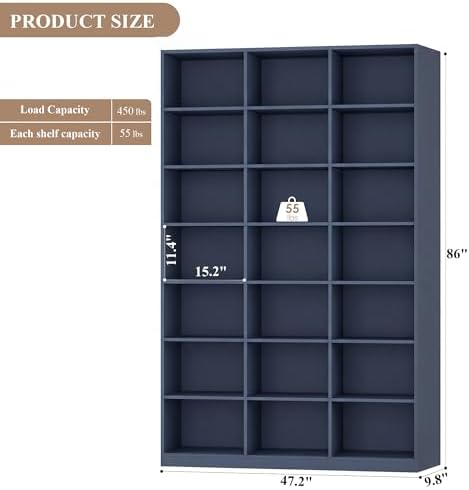 HOSTACK 86" H Triple Wide Bookshelf and Bookcase, 7 Tier Tall Bookshelf with Storage, Large Bookcase with 21 Open Display Storage Shelves, Wood Book Shelf Media CD DVD Storage for Living Room, Blue - Image 3