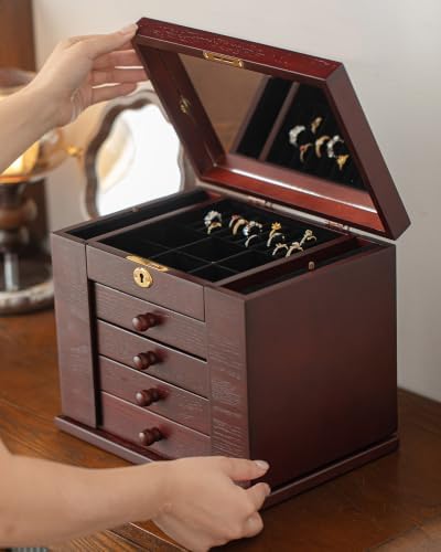 Changsuo Wooden Jewelry Box for Women, Organizer Box of Solid Wood with Lock and Key for Jewelries, Watches, Necklace, Ring, Lockable Storage Case (Burgundy) - Image 6