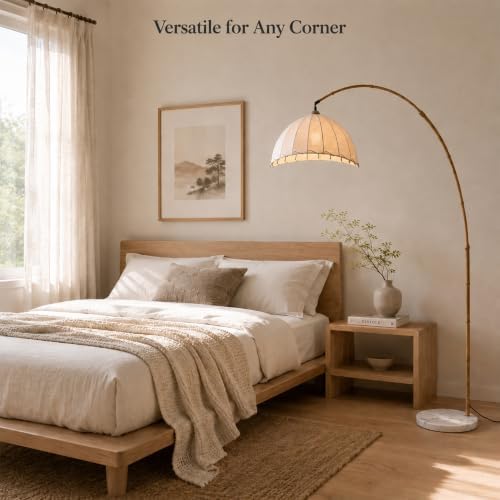 Boho Arc Floor Lamp with Fabric Shade,Simulated Bamboo Standing Lamp - Image 6