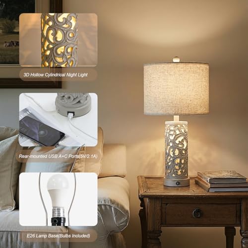 OYEARS Bedside Table Lamps Set of 2 with Night Light, 22'' Distressed Grey - Image 4