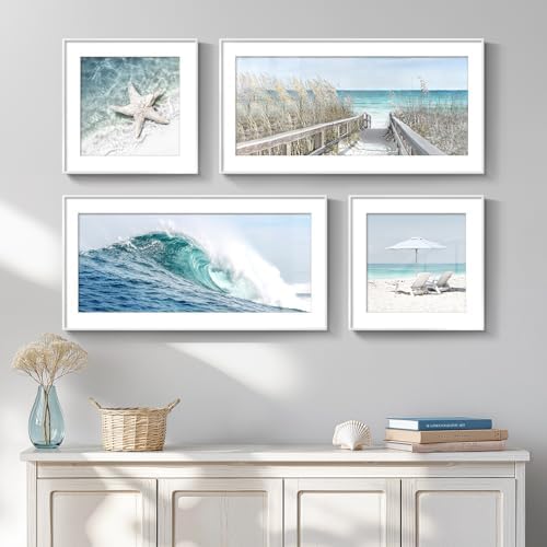 Framed Coastal Wall Art for Living Room, 4 Piece Beach Surf Ocean Artwork by Cuspin