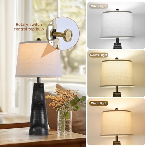 Terpsichore Nightstand Lamp Bedside Lamps Set of 2 Desk Lamp Vintage Rustic Farmhouse Table Lamp 3 Way Dimmable Light,Bulb*2,USB A+C Port (Black with Gold, High 27 Inch) - Image 5