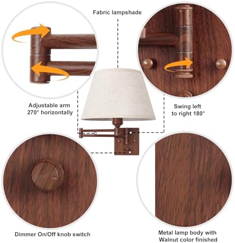 TRLIFE Dimmable Wall Sconce Plug in, Wall Sconces Set of Two Swing Arm Wall Lights with Plug in Cord and On/Off Dimmer Rotary Switch, 11.8" Large Beige Fabric Shade(2 Pack, Walnut Color) - Image 3