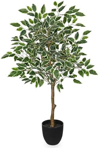 3Ft Ficus Tree Artificial Plants Indoor with Realistic Trunk, Tall Fake Potted Tree Faux Floor Plant, Artificial Tree in Pot for Home Living Room Office Bedroom Corner Decor(Green White) by GnFlus