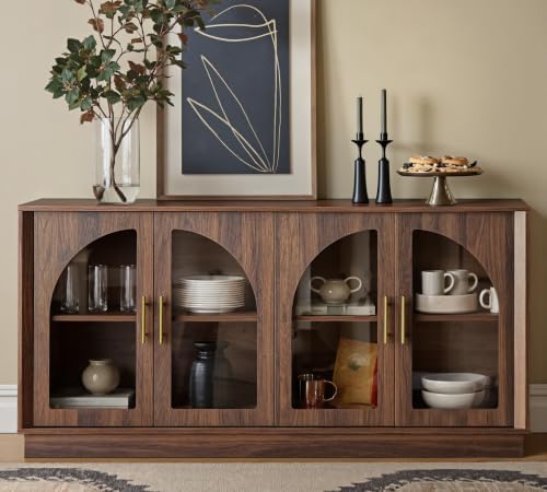FORTUNETEC 64" Sideboard Buffet Cabinet with Arched Glass Doors,Dark Walnut by FORTUNETEC