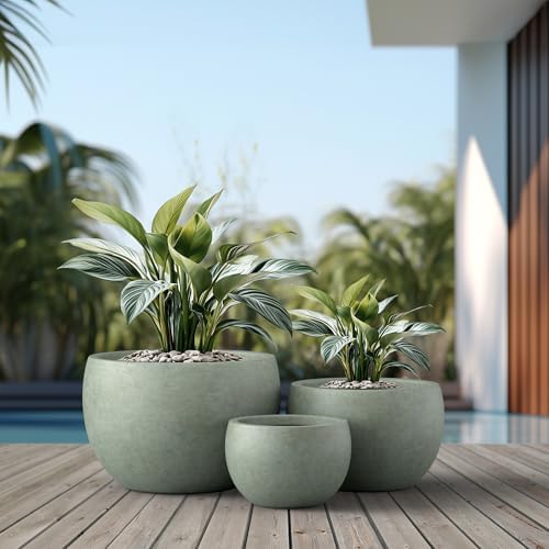 Kante Set of 3 Mint Green Concrete Bowl Planters 19.9" 15.7" 11.8" Dia - Image 3