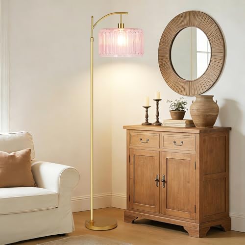 QIYIZM Pink Floor Lamp for Living Room,Bedroom,Gold Dimmable Standing Lamp with Remote,Mid Century Modern Brass Tall Lamp Boho Floor Lamps Arc Stained Glass Flower Floor Light Lamp Girls kids Bohemian - Image 3