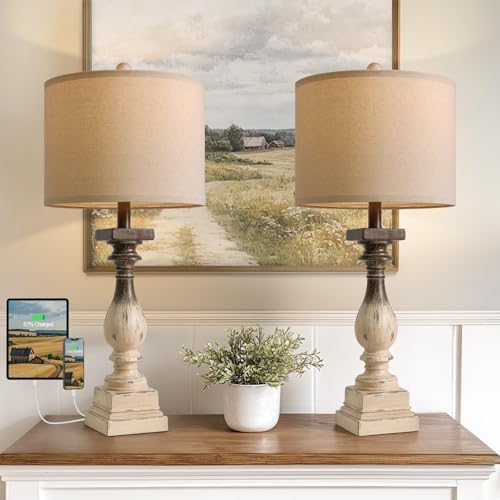 BOBOMOMO 27" Farmhouse Table Lamps with USB-A +C Ports, Vintage Rustic Side Table Lamps Set of 2, Linen Shade, Retro Bedside Night Stand Lamps for Living Room, Bedroom (Blubs not Included) by BOBOMOMO