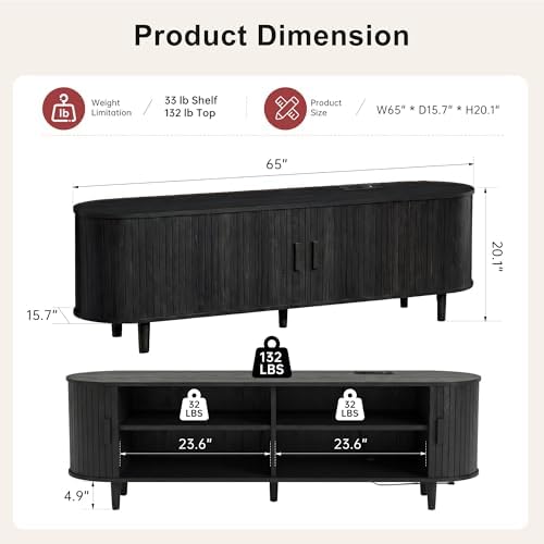 65" Mid Century Modern TV Stand, Wood TV Consoles with Sliding Doors and Power Outlet, Fluted Entertainment Center with Adjustable Shelves, Media Console for Living Room, Black - Image 2