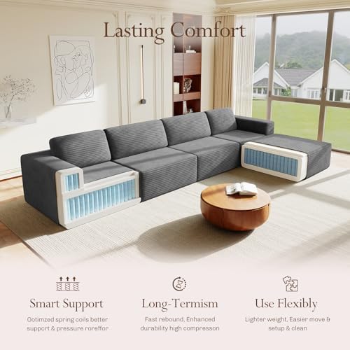 Vesgantti 159" Large Modular Sectional Sofa, L-Shaped Corduroy Cloud Couch with Deep Seats & Spring Support, 4-Seater Boneless Sofa with Movable Ottoman, No Assembly Needed, Grey - Image 4