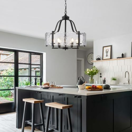 Water Textured Glass Chandelier, 22 " Black Round Dining Room Light Fixture - Image 2