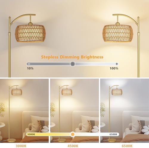 eyassi Arc Floor Lamp with 3 Color Temperatures, LED Gold Floor Lamp with Remote & Stepless Dimmable Bulb, Boho Standing Lamp with Rattan & Fabric Shades, Farmhouse Tall Lamp for Living Room Bedroom - Image 2