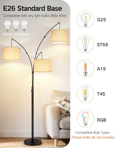 OUTON Arc Led Floor Lamp, Modern 3 Light Arched Tall Floor Lamps for Living Room, Mid Century Adjustable Standing Corner Lamps for Bedroom Office, 3 LED Bulbs Included, Beige Lampshade - Image 4