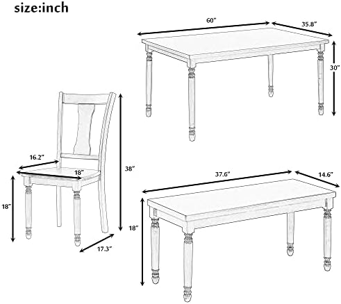 6 Piece Solid Wood Dining Table Set with Bench for 6, Brown+Cottage White - Image 2