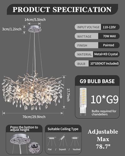 Modern Tree Branch Crystal Chandelier Luxury Silver Crystal Pendant Lighting 30" Contemporary 10-Light Chandeliers for Dining Room Kitchen Bedroom Living Room - Image 5