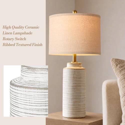 PARTPHONER 27" Vintage Ceramic Table Lamp Set of 2, Farmhouse Bedside Lamps with Ribbed Textured Finish, Rustic Nightstand Lamps for Living Room Bedroom End Tables Home Decor - Image 3