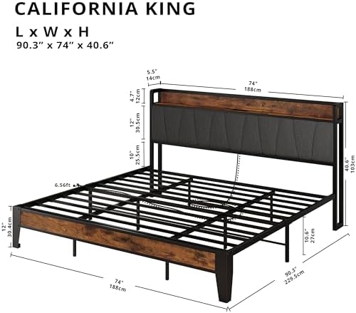 LIKIMIO California King Bed Frame with Storage Headboard & Charging Station - Image 2